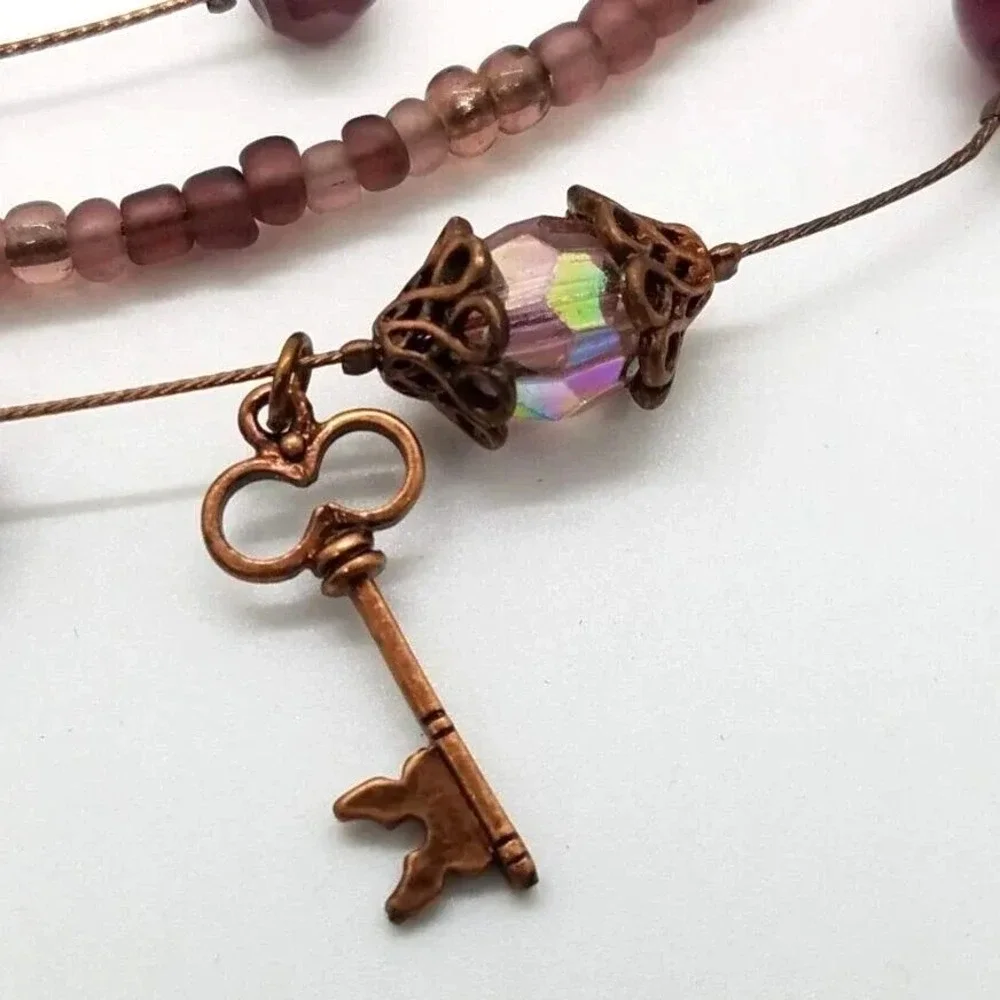 Purple Beaded Necklace‎ Earrings Set Bronze Tone Cross Key Heart Charms Women